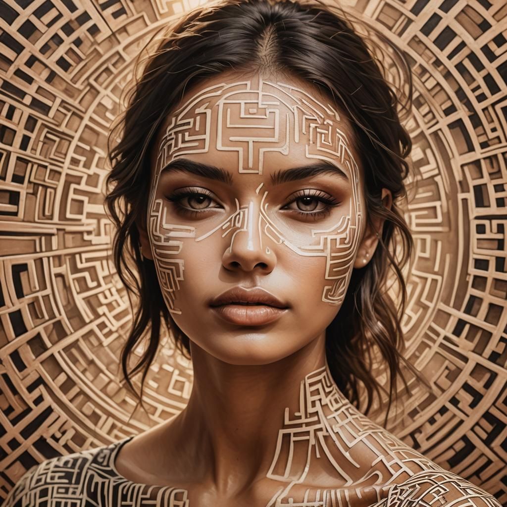 Surreal Portrait of Girl with Ink Maze Pattern