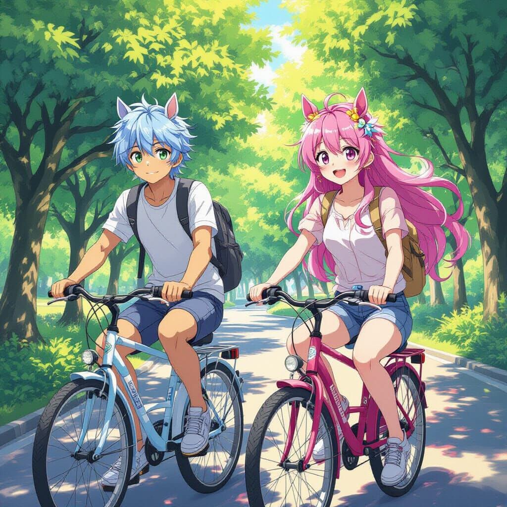 Anime Guys with Horse Ears Ride Bicycles