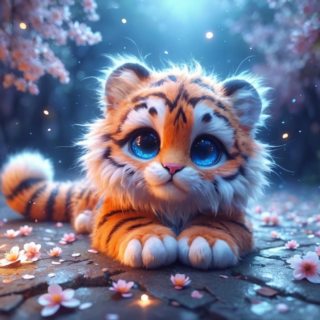 Orange Tiger Portrait in Floral Garden, Digital Art