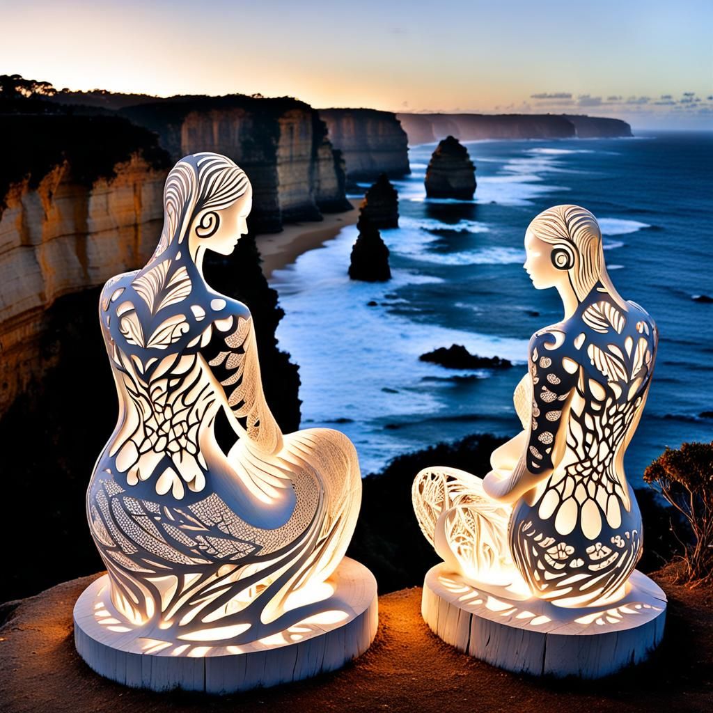 Luminous Wooden Lace Sculptures on Coastal Cliff