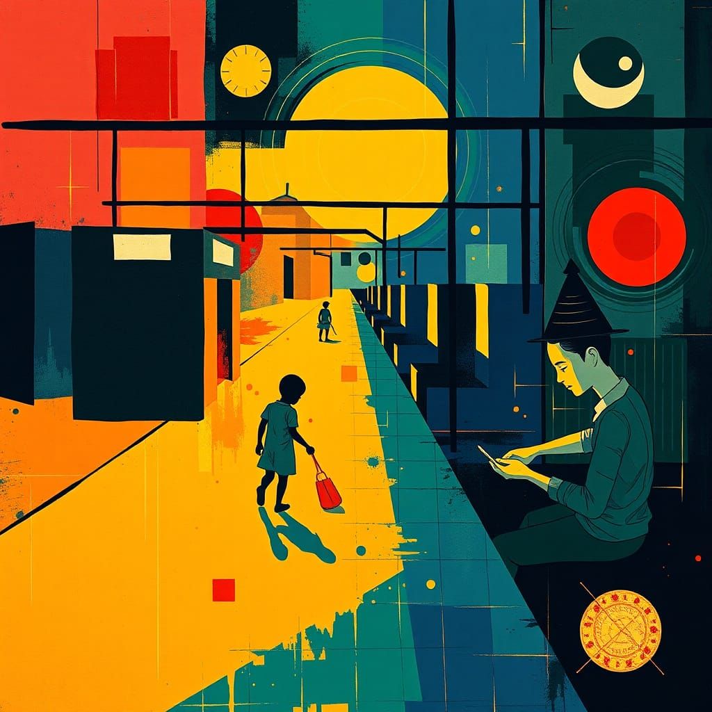 Abstract Expressionist Child Factory Workers in Geometric St...