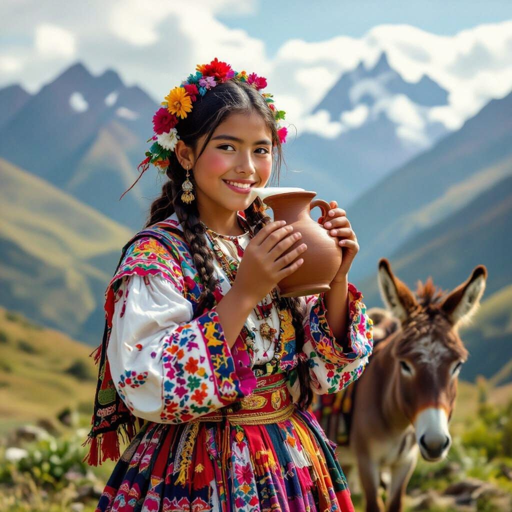 Aymara Girl Drinks Donkey Milk in Bolivian Mountains