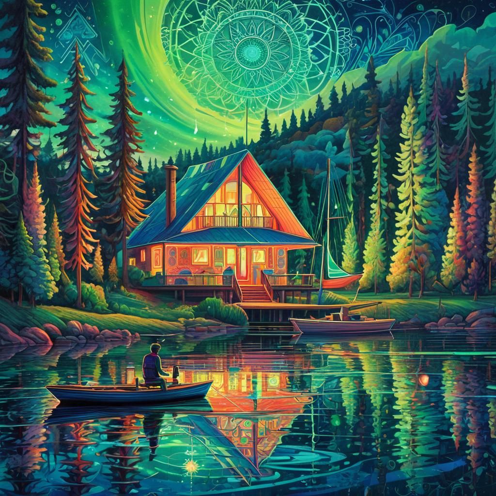 Psychedelic Aurora Borealis Lake in Art Deco Style
