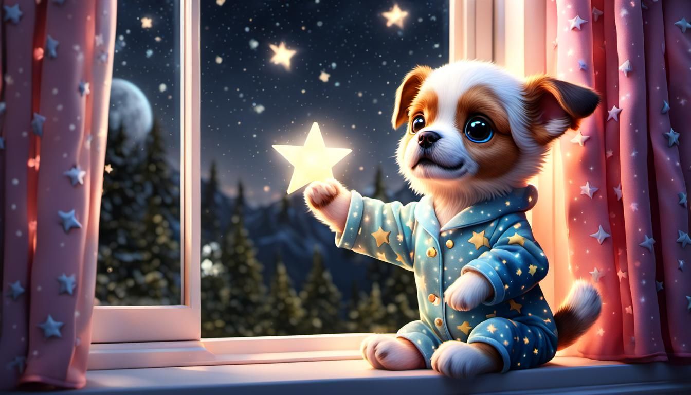 Kawaii Puppy Reaching for a Glowing Star