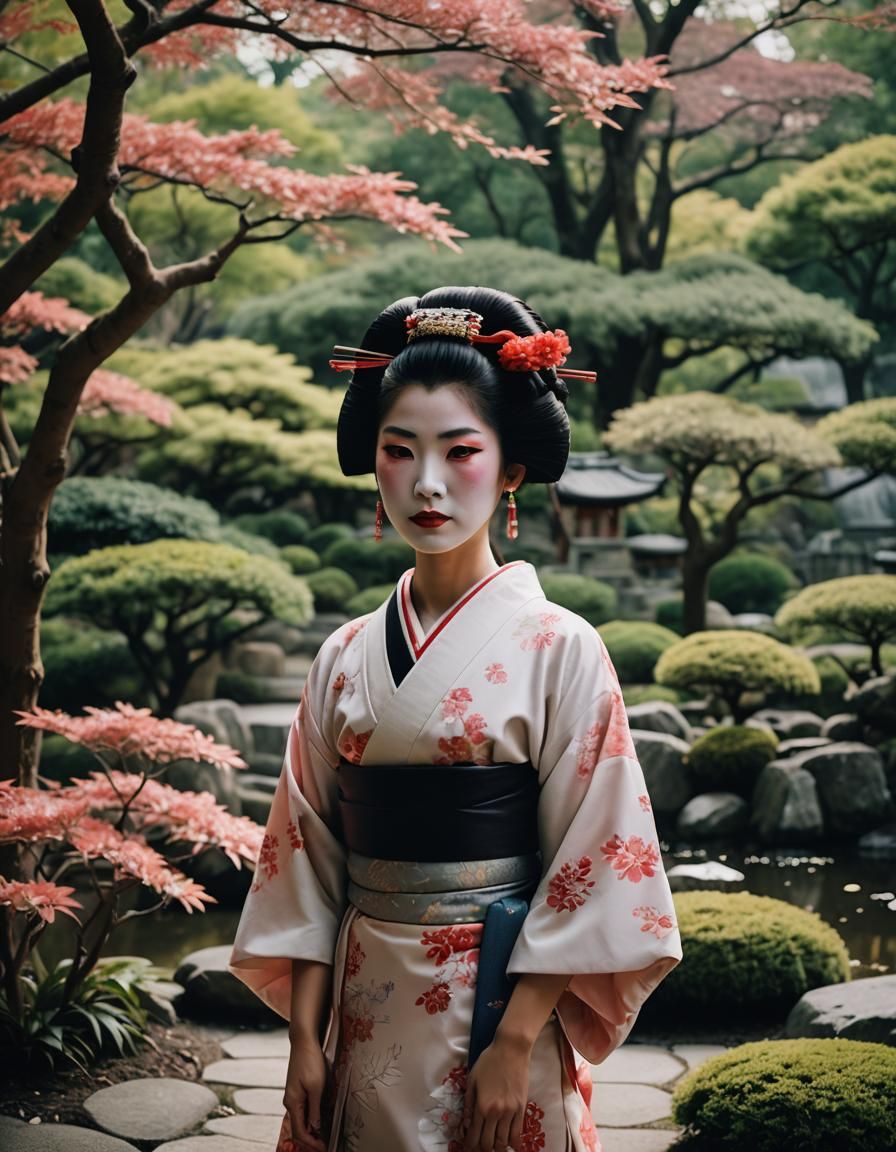 Geisha in Japanese Garden with Fujifilm Aesthetic