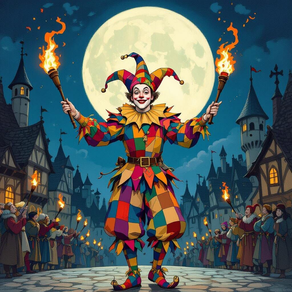 Jester Juggles Flames at Moonlit Festival in Rackham Style