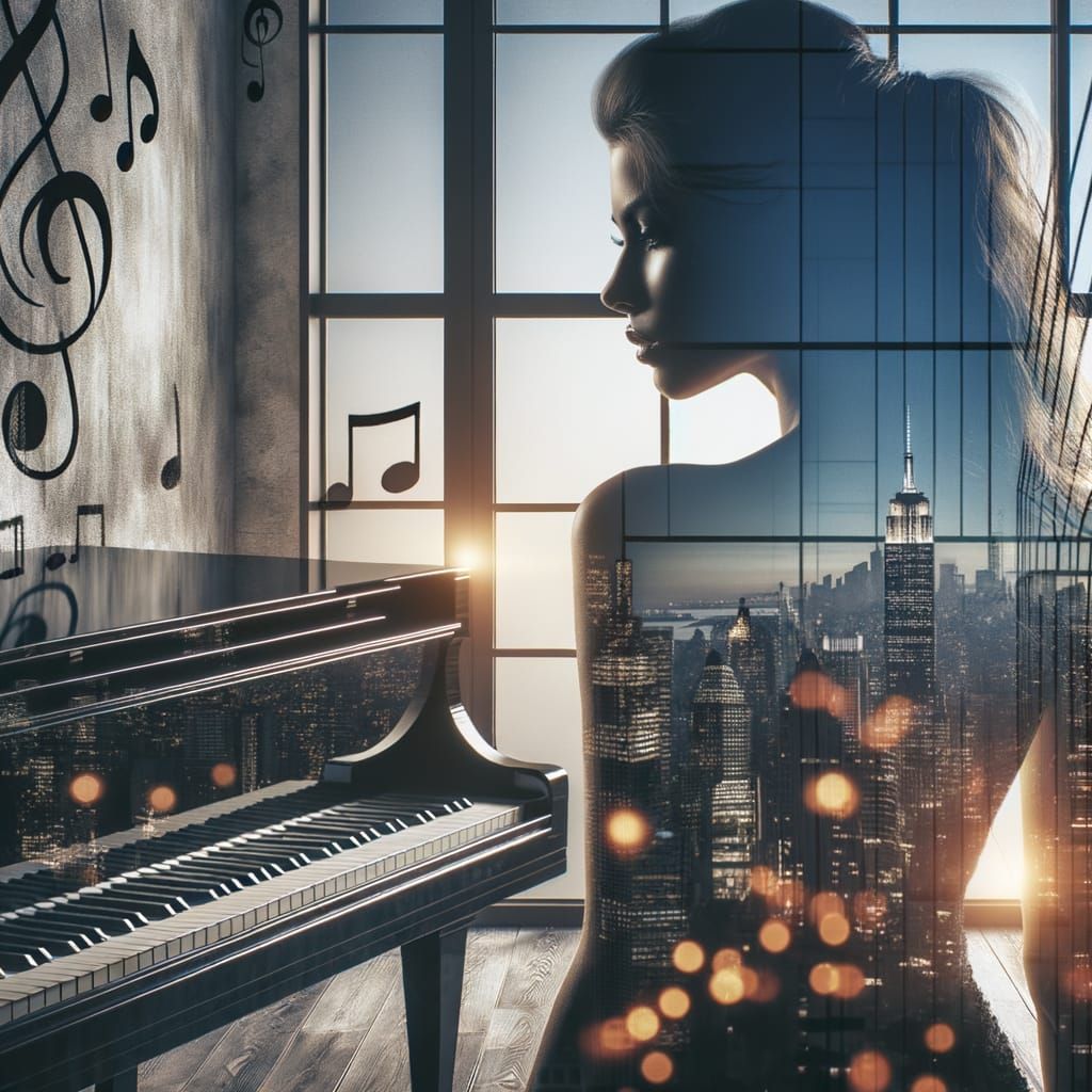 Double Exposure: Woman, Piano, and Music