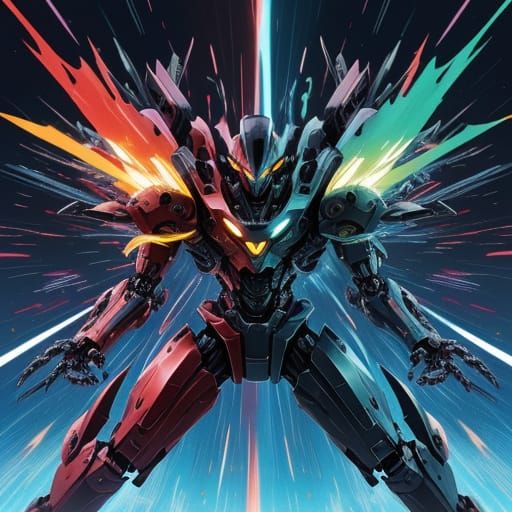 Fierce Alien Battles Robot in Vibrant Anime Style