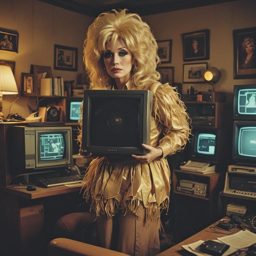 Retrofuturistic Dolly Parton Wig on Vintage Monitor