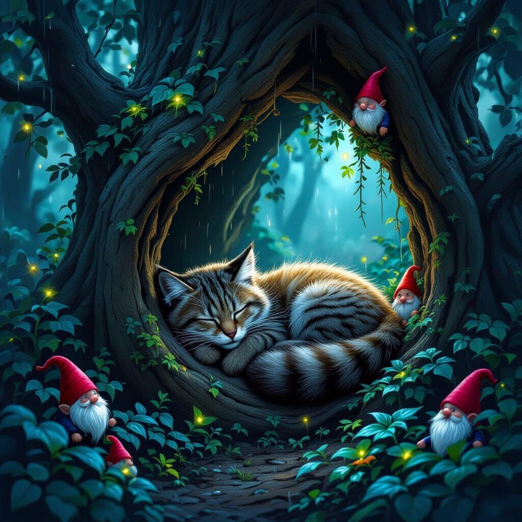 Mysterious Forest Scene with Sleeping Wildcat and Gnomes