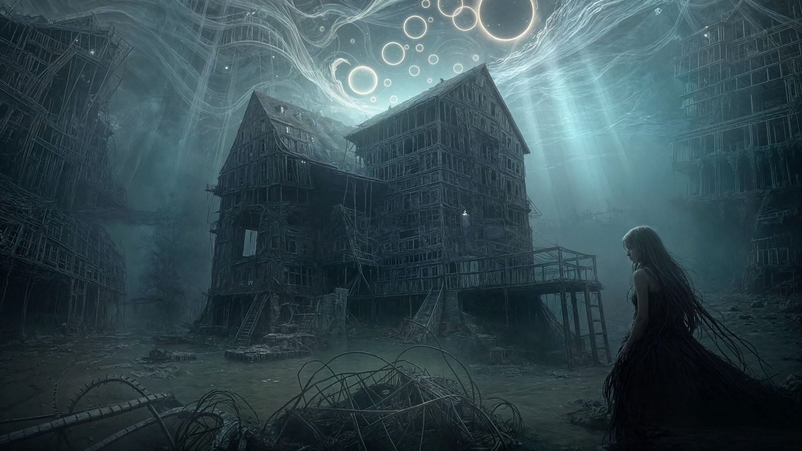 Submerged Mill Ruins in a Murky Riverbed