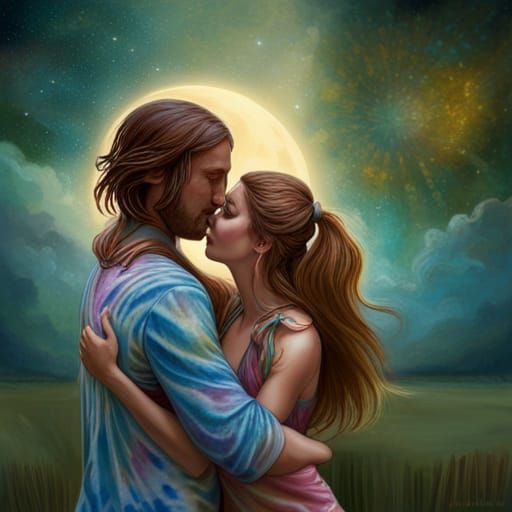 1960s Hippies Dancing in Moonlight: Hyperdetailed Portrait