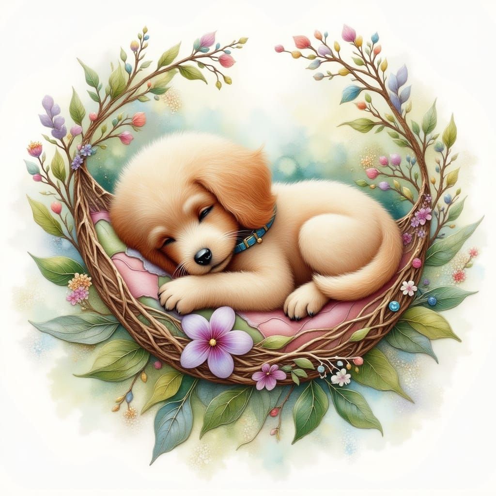 Sleeping Poodle Puppy in Whimsical Airbrush Style