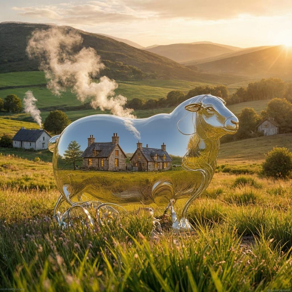 Glass Sheep With Scottish Village at Sunrise