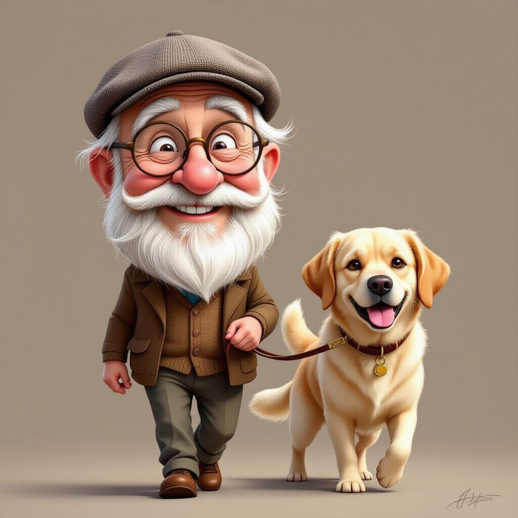 Elderly Italian Man Walks Golden Retriever, Hyper-Realistic ...