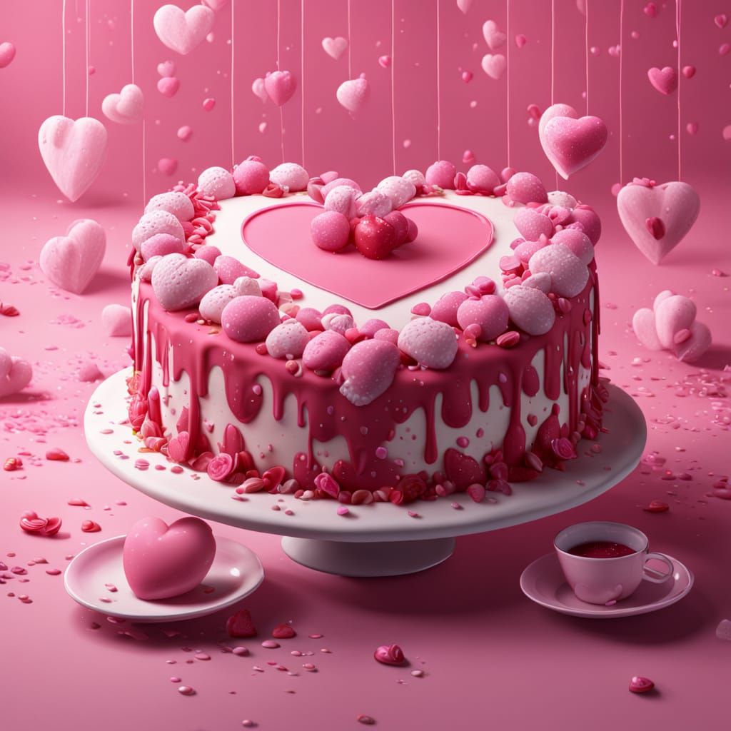 Sweet Pink Heart Tteok Cream Cake, Detailed Digital Painting