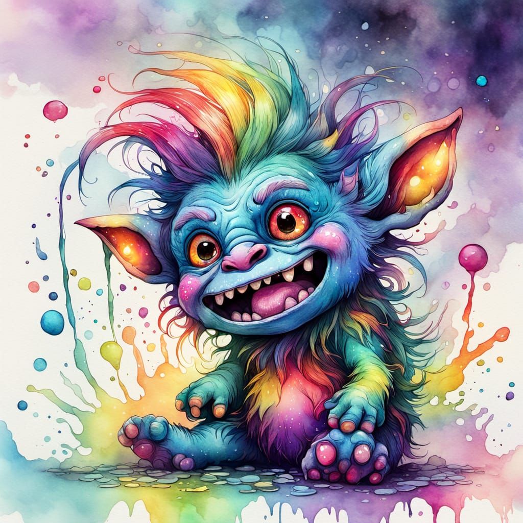 Rainbow Troll Monster Tantrum in Watercolor Style