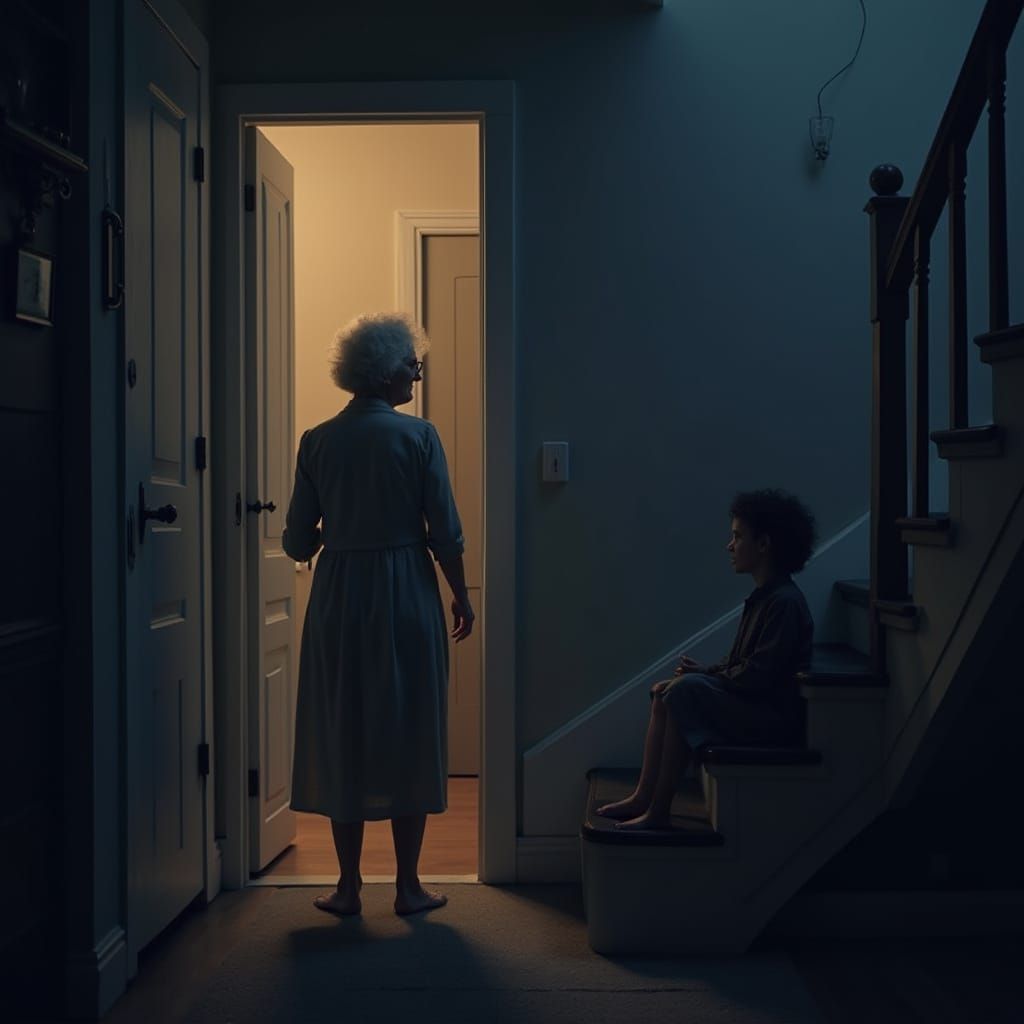 Elderly Woman Watches Grandchild in Early Morning