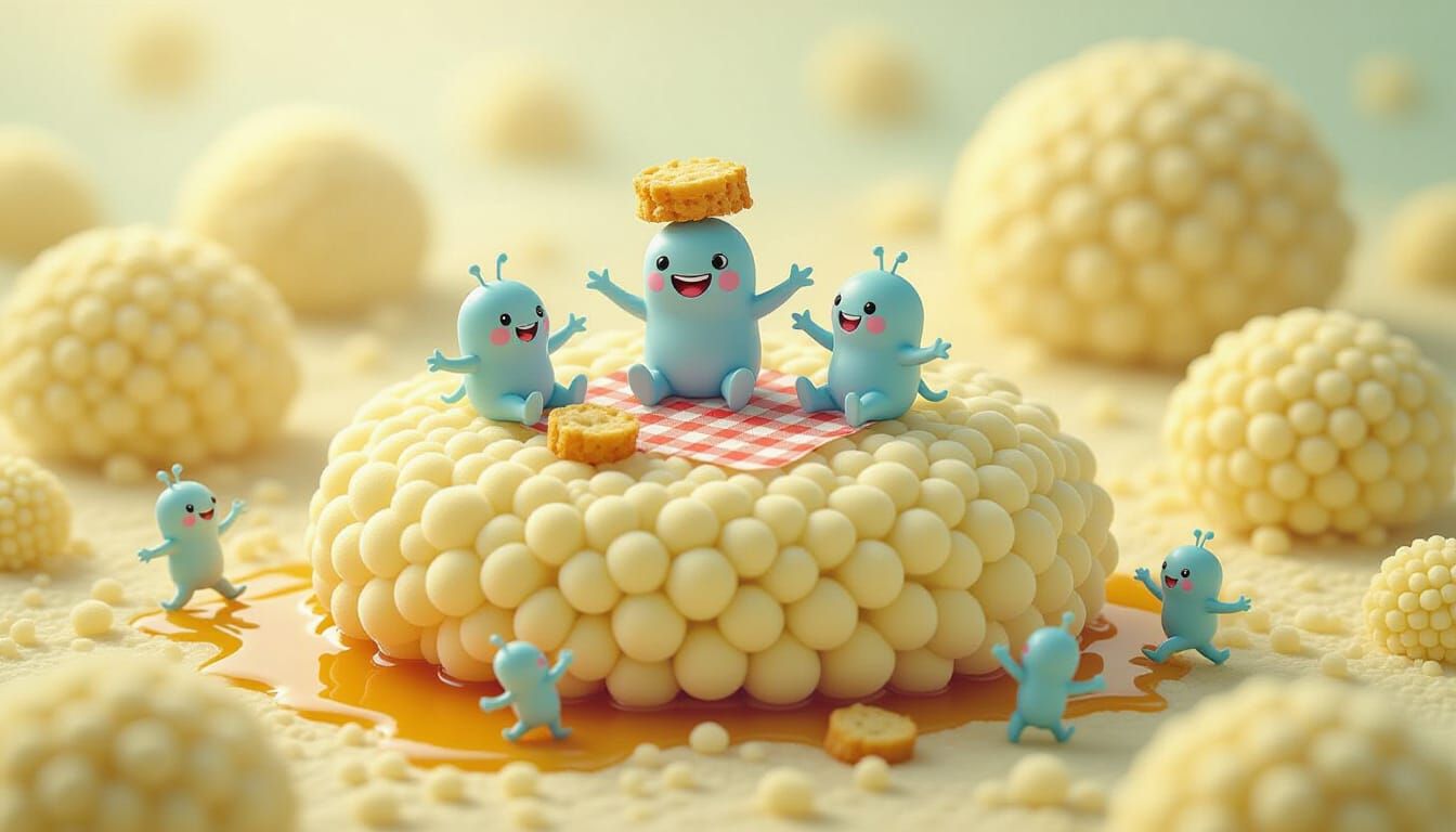 Whimsical Microbes Enjoying a Picnic on Mold