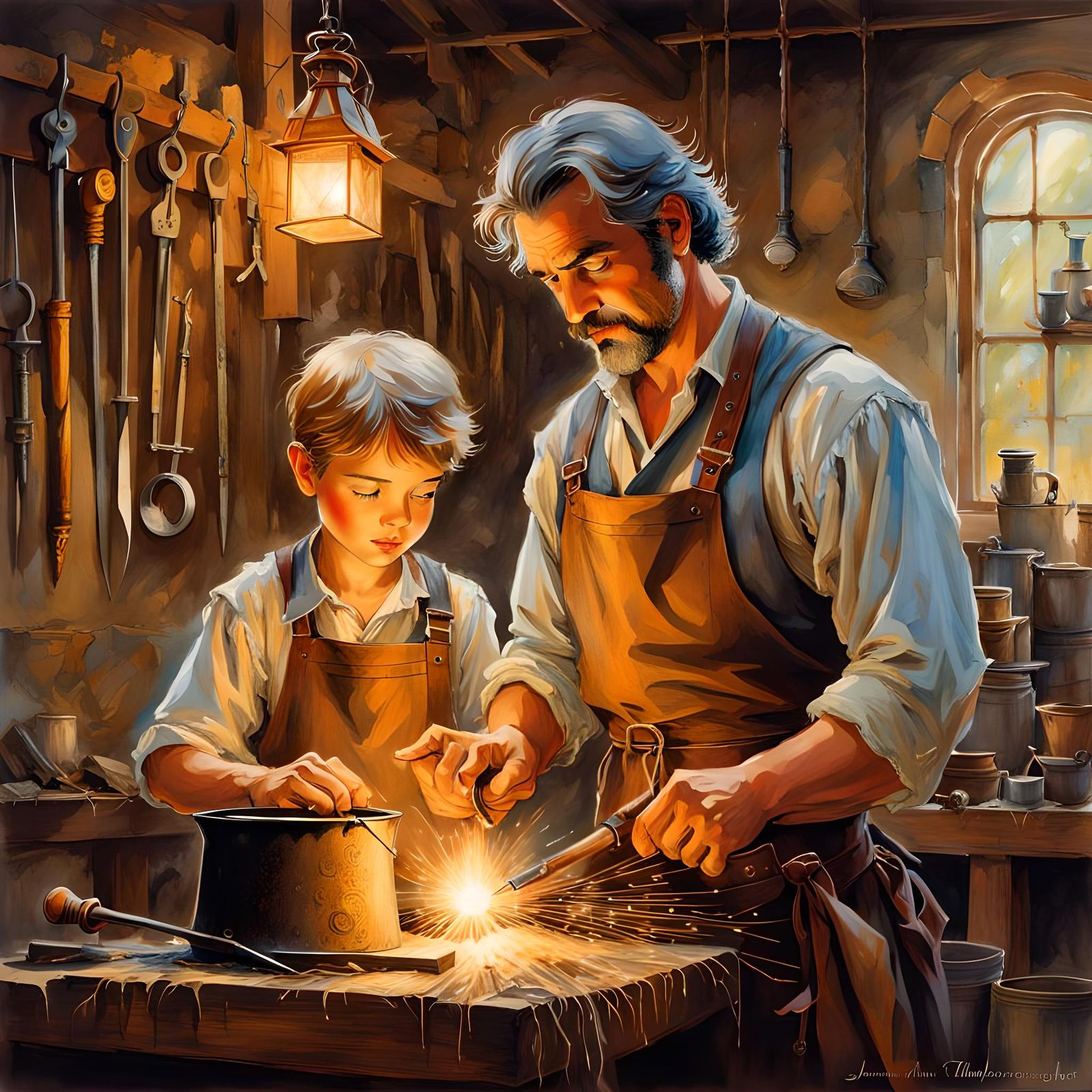 Blacksmith and Apprentice in Watercolor Renaissance Style