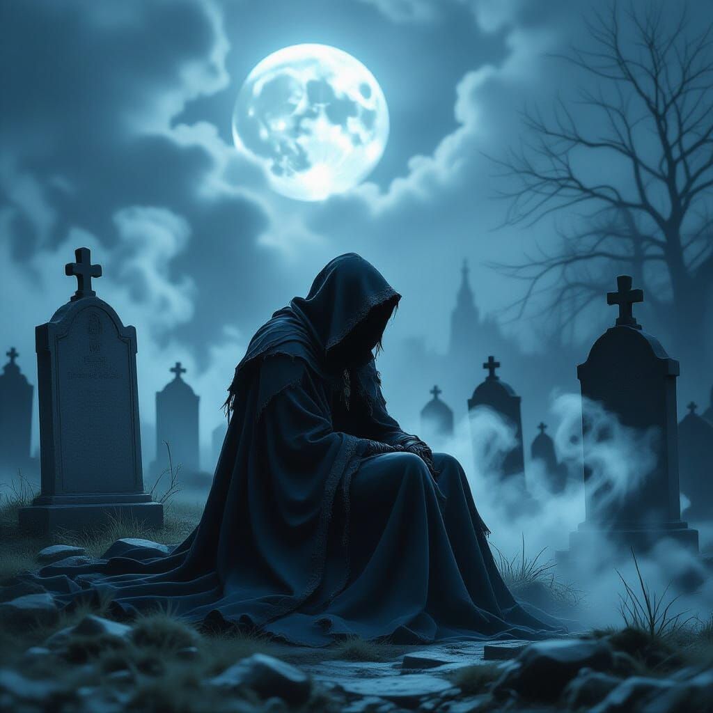 Serene Figure in Moonlit Gothic Graveyard