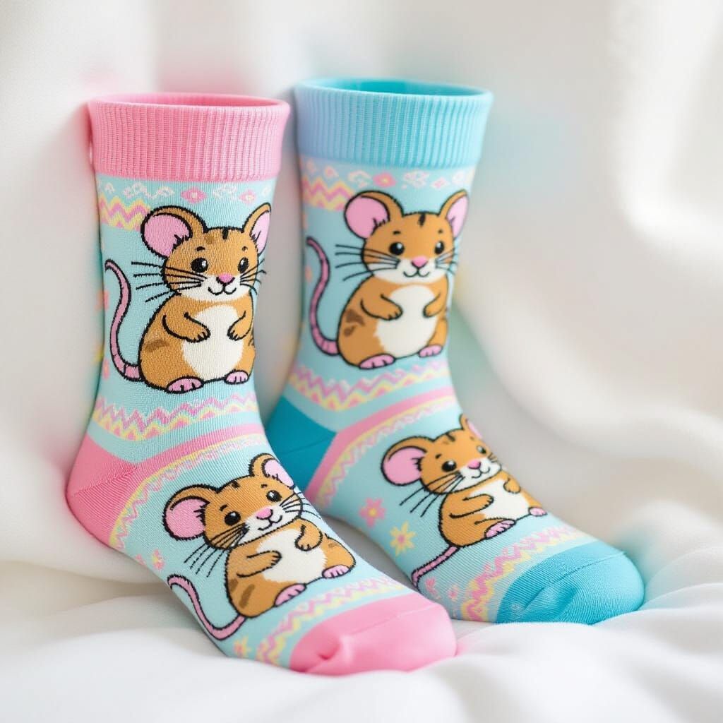 Pastel Socks with Cartoon Mice in Whimsical Style