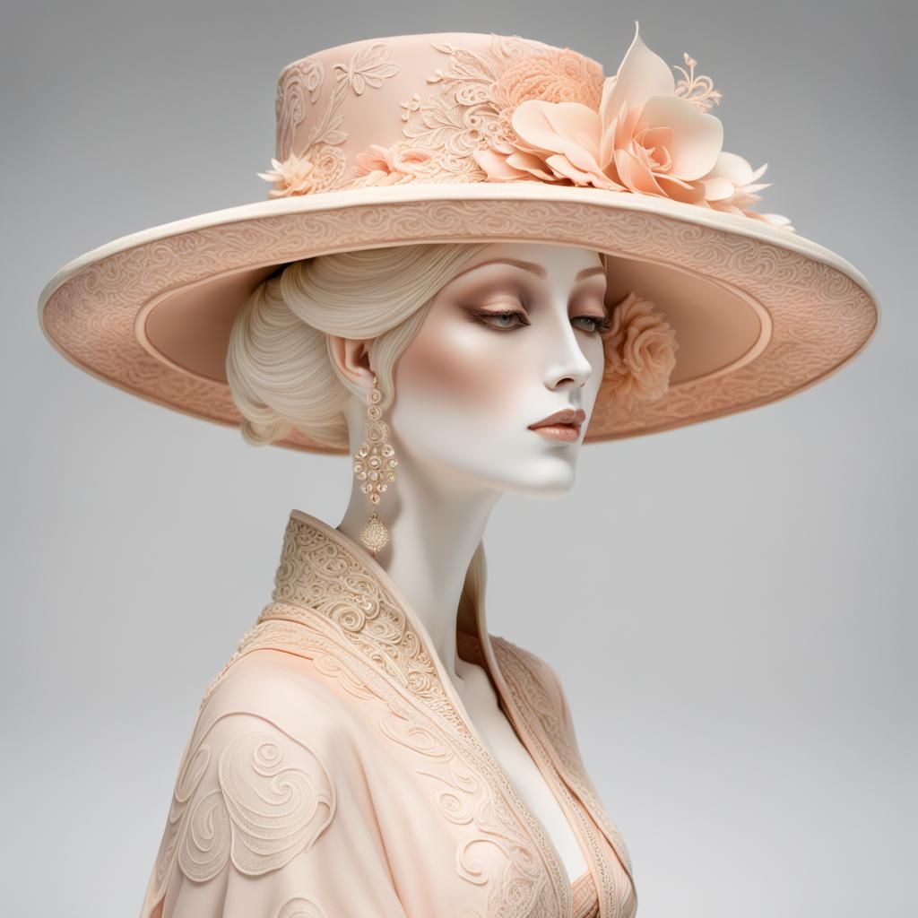 Ethereal Woman in Peach Hat with Porcelain Flowers