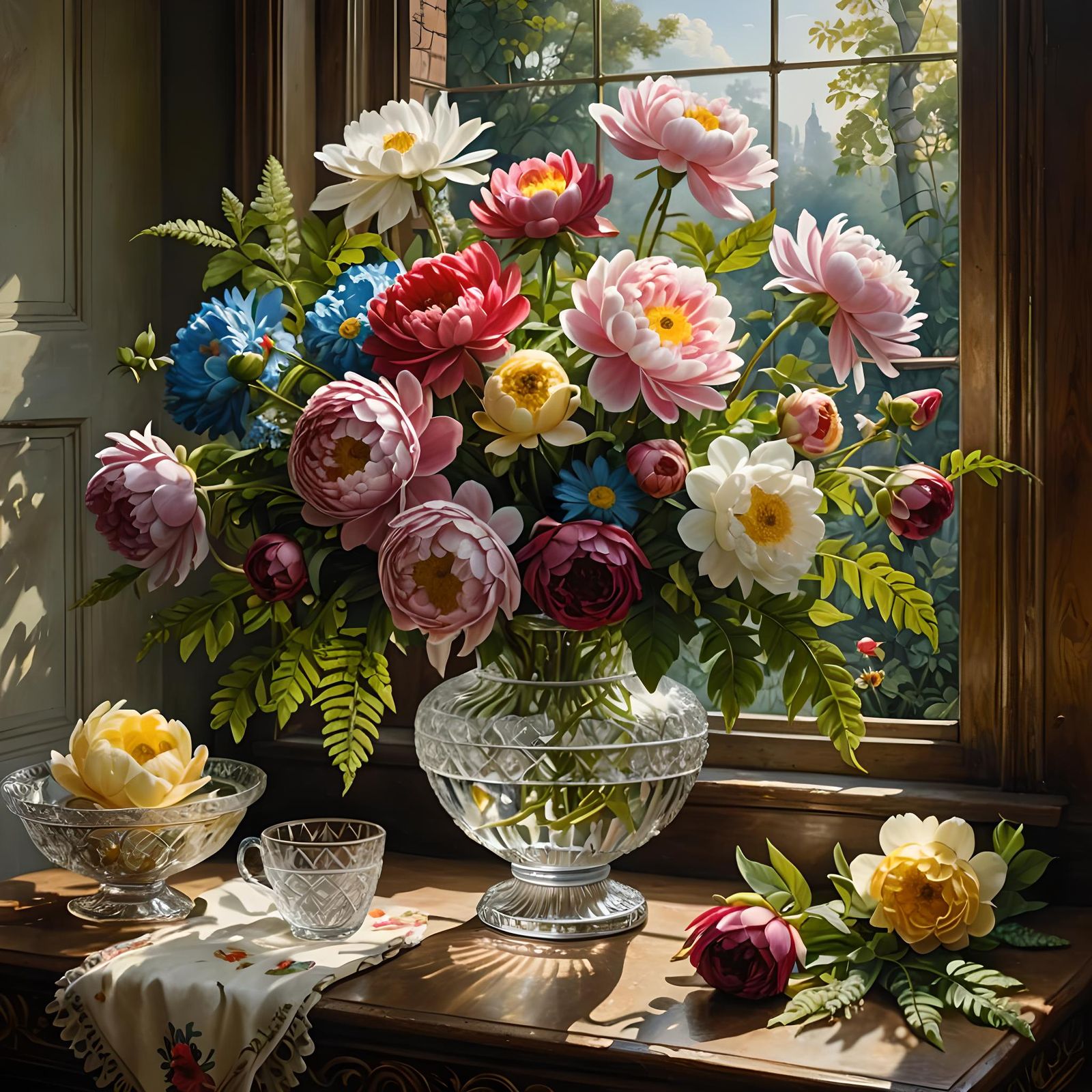 Ornate Flower Still Life in Sunlight, Old Master Style