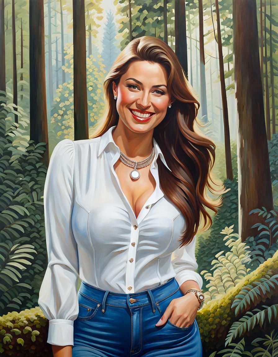 Elegant Woman in Forest, Oil Painting Style