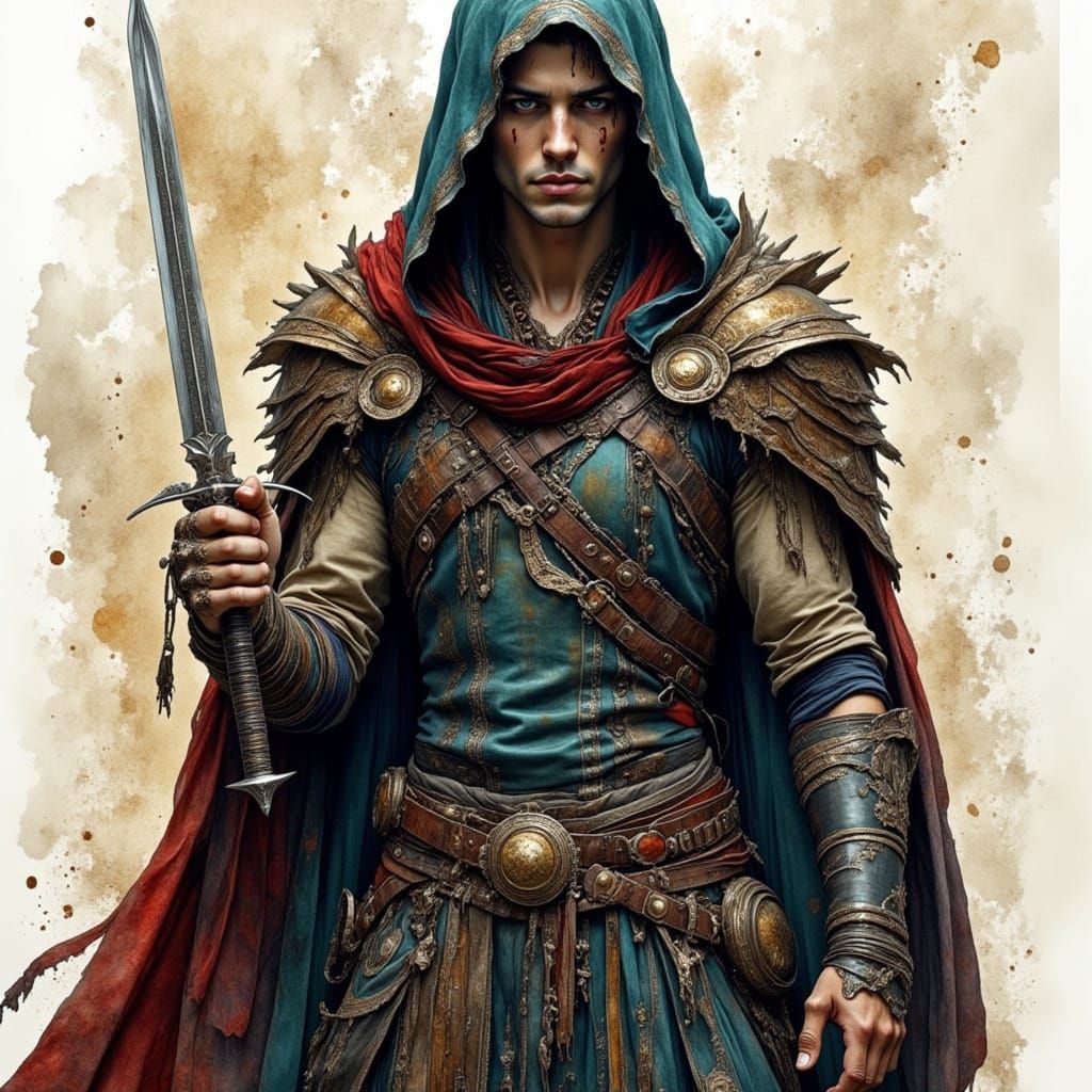 Mysterious Elf Rogue with Dagger in Watercolor Style