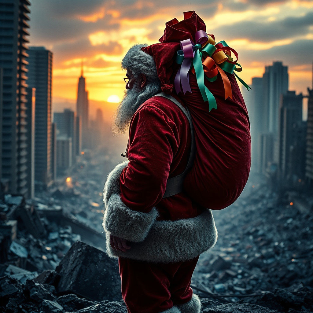 Weary Santa Claus Amidst Ruined Metropolis, Gift Bag Over Hi...