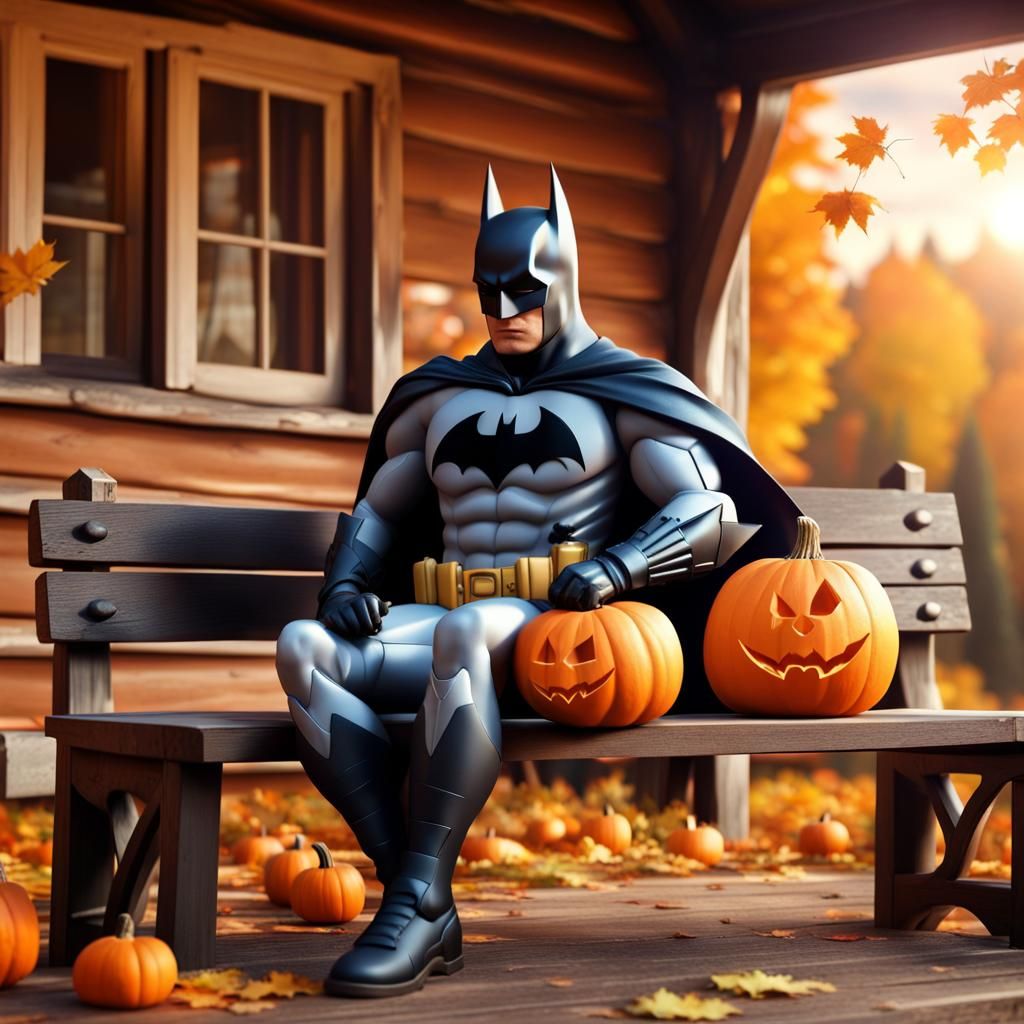 Batman Relaxing Before Pumpkin House in Autumn Morning