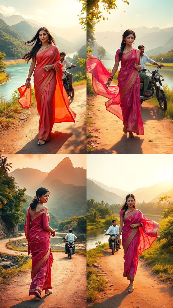 Romantic Rural Scene with Woman in Saree, Digital Painting