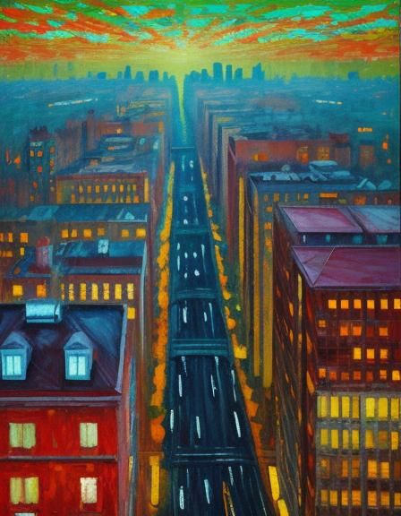 City Street Aerial View as Impasto Painting