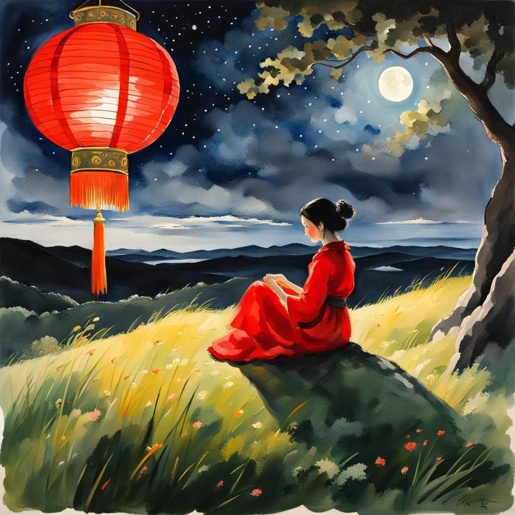 Woman in Red Under Lantern, Gouache Watercolor Painting