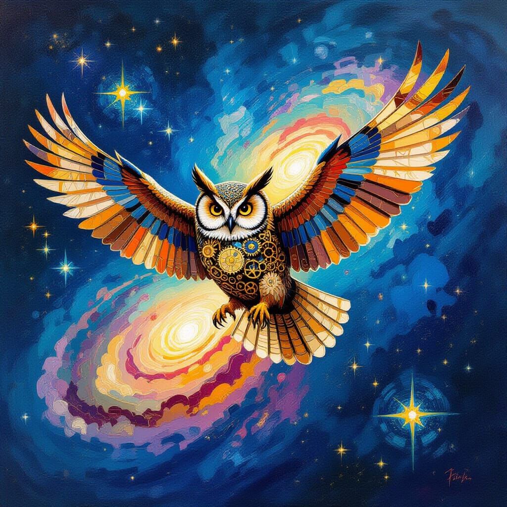 Clockwork Owl Soars Through Painterly Galaxy