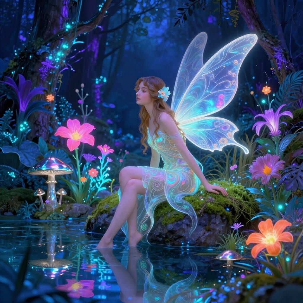 Ethereal Fairy in Bioluminescent Forest