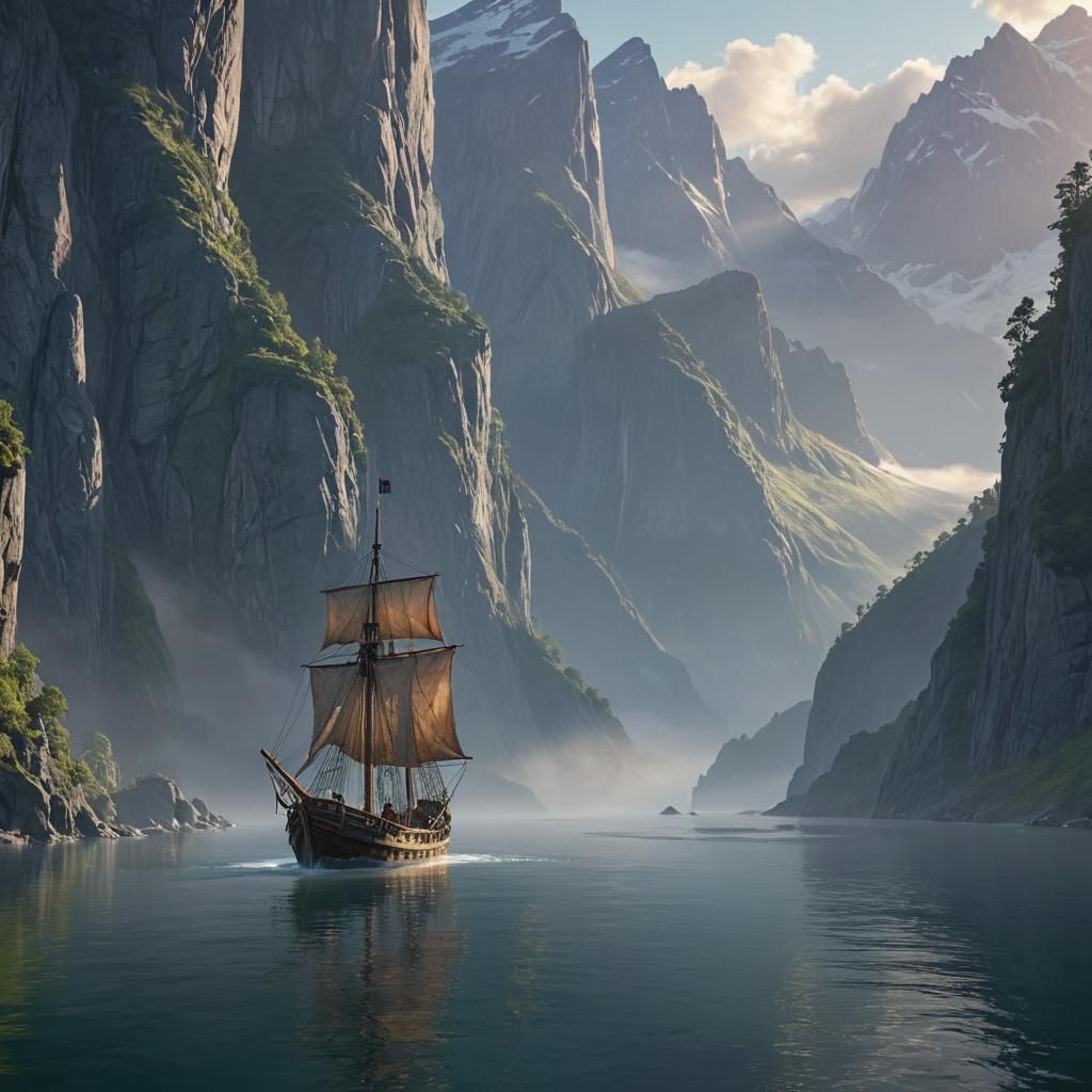 Fjordland Longship Sailing: Matte Painting Concept Art