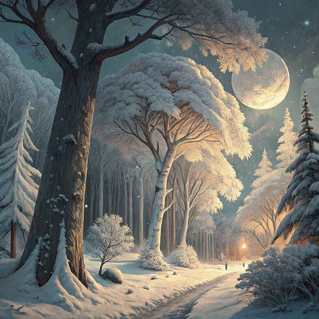 Moonlit Snow Forest in Delicate Ink Style