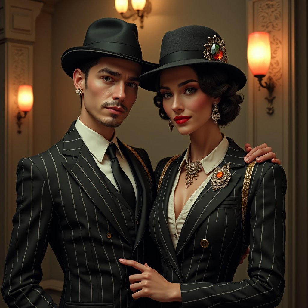 Dashing Couple in 1920s Mafia Style, Matte Painting