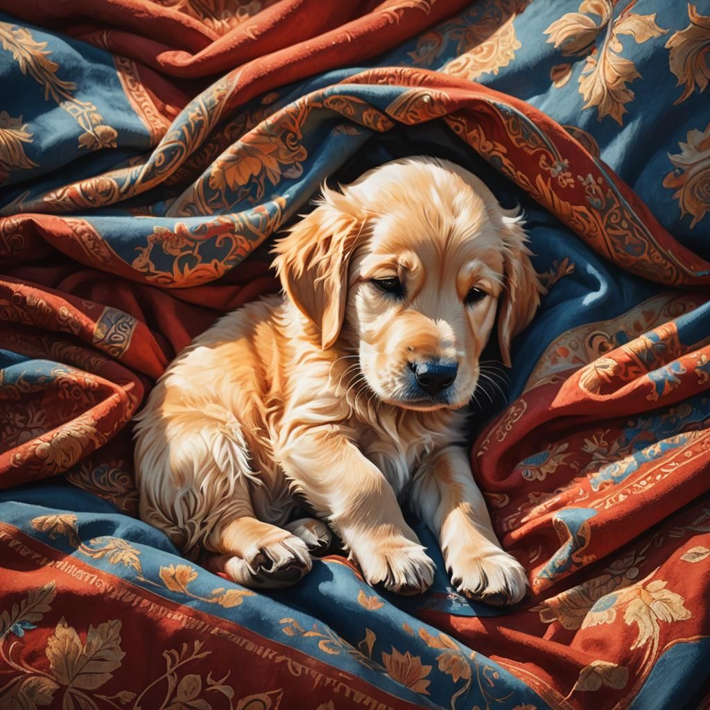 Golden Retriever Puppy Asleep in Sunlight: Fantasy Art