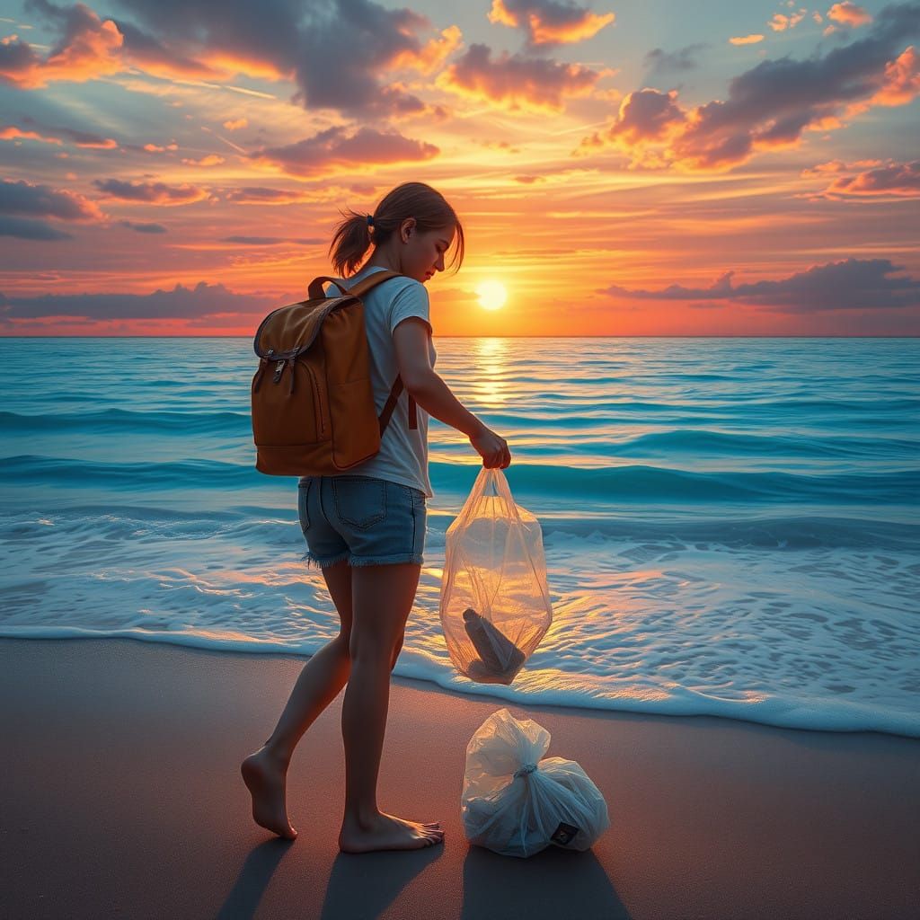 Young Woman Collects Plastic Waste on a Serene Sunset Beach
