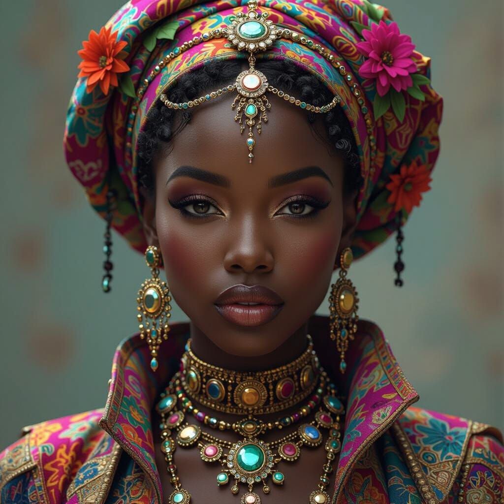 Hyperrealistic Portrait of a Black Woman in Futuristic Attir...