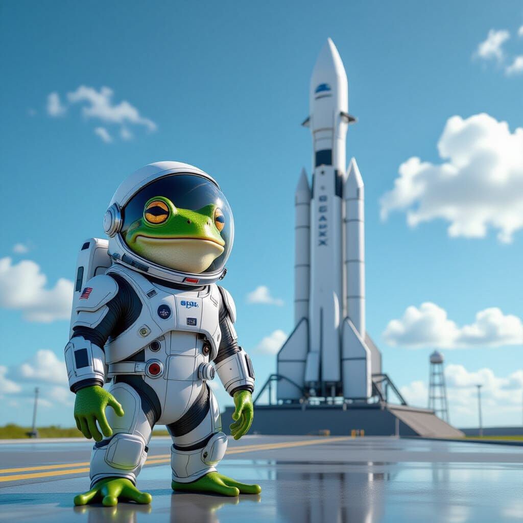 Frog Astronaut Beside SpaceX Starship Rocket