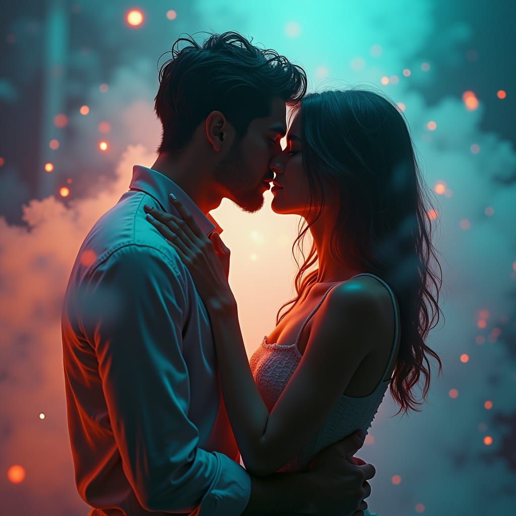Couple Kissing in Ethereal Mist: Digital Art