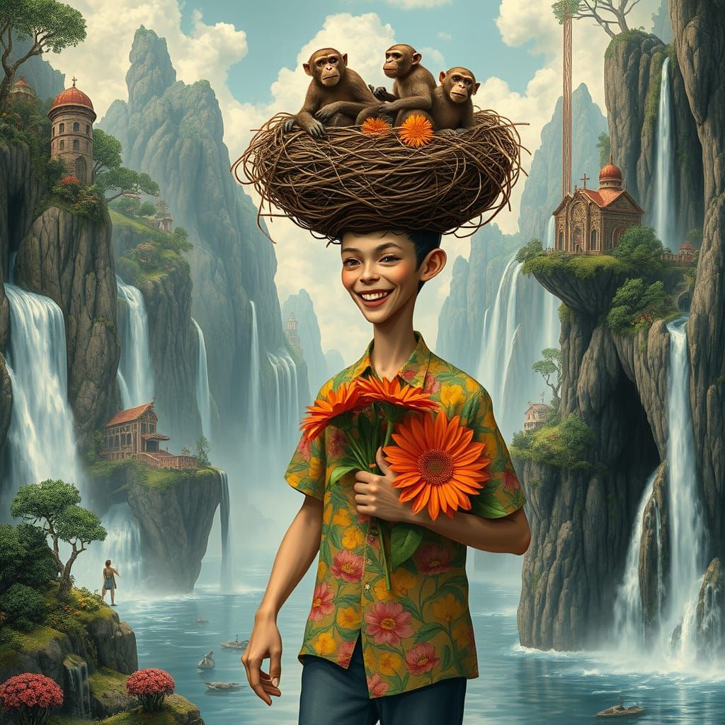 Utopian Floating City with Monkey Nest Figure