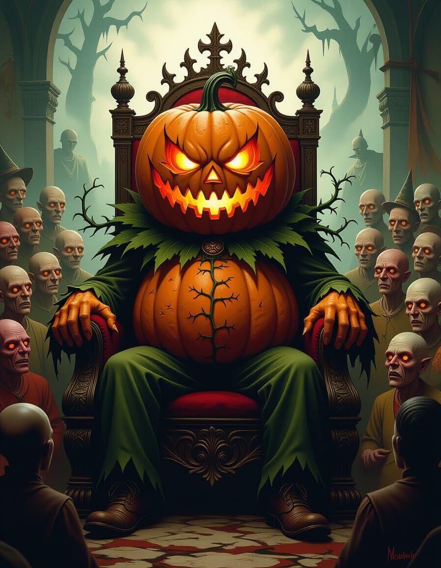 Grotesque Pumpkin King on Throne with Fantastical Crowd