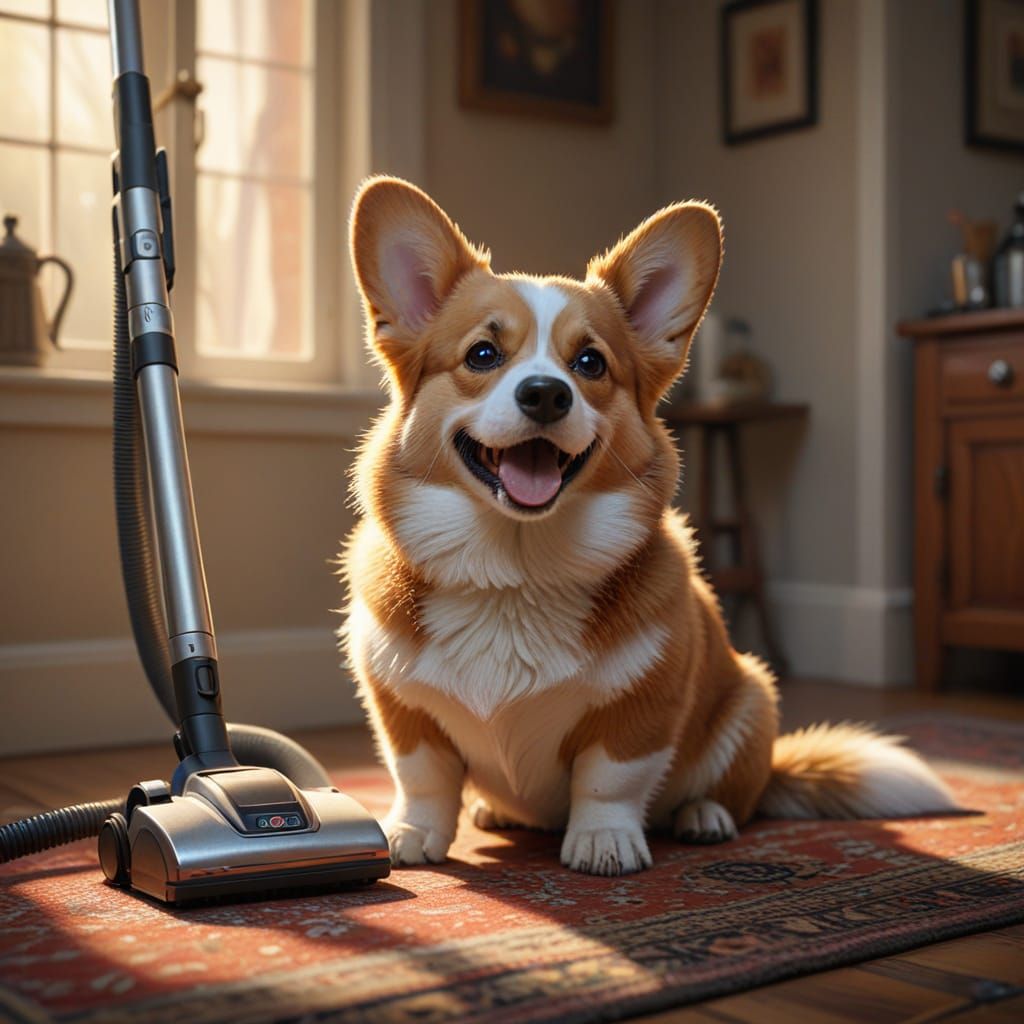 Brave Corgi Confronts Evil Vacuum in Digital Painting