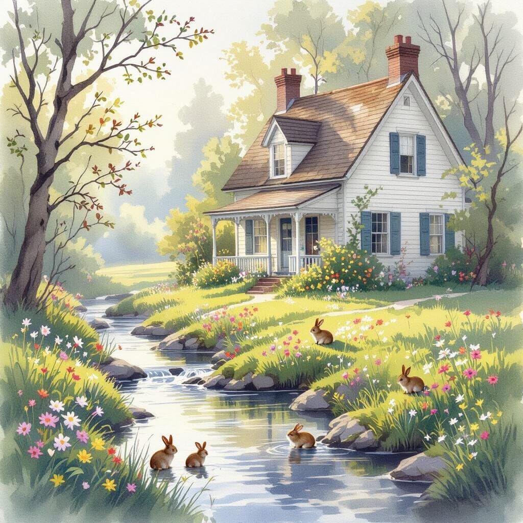 Victorian Cottage by Stream in Soft Spring Light