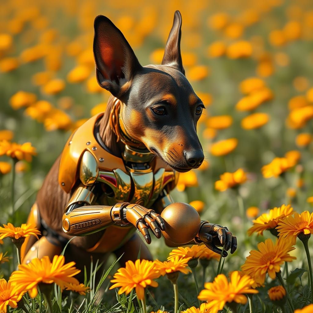 Metallic Podenco Robot Dog Plays with Colored Screws in a Fi...